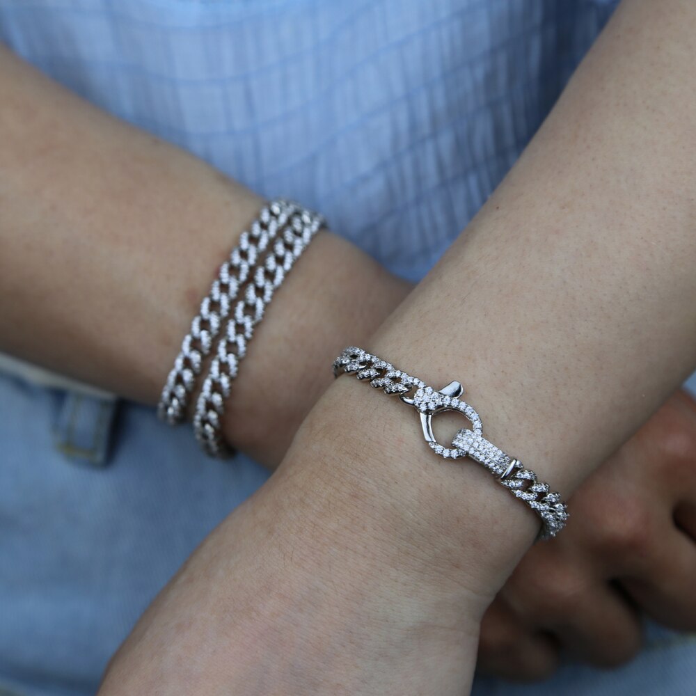 Novo design fino cz cubana link chain pavimentado zircônia cúbica lagosta fecho iced para fora bling pulseira cubana para mulher