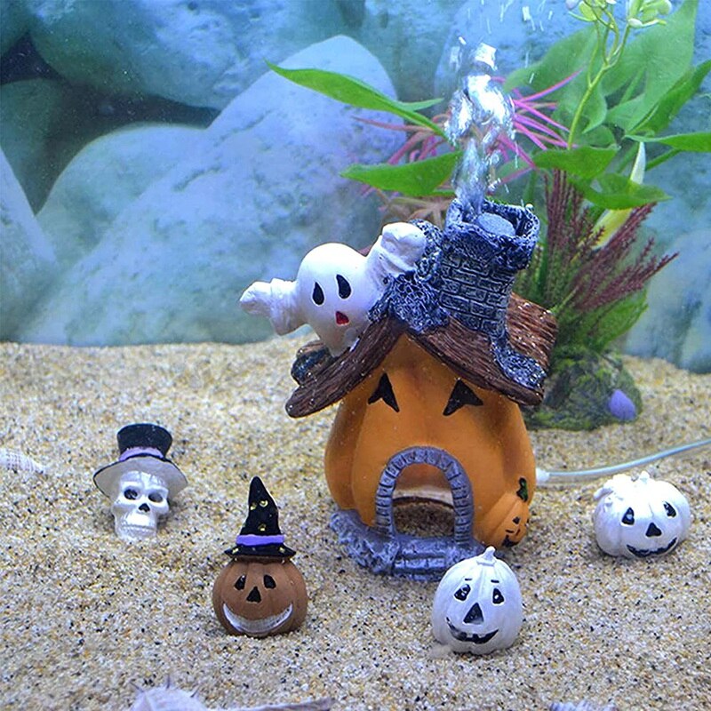 Exquisite Fish Hiding Halloween Pumpkin Aquarium Decoration Haunted House Fish Tank Air Bubbler