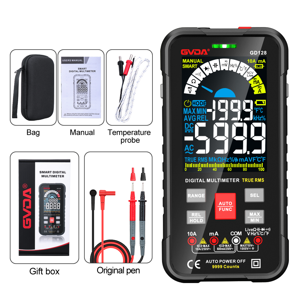 GVDA 9999 Counts Digital Multimeter Auto Range 1000V 10A Tester Meter Ohm Hz Capacitance True RMS AC DC DMM Smart Multitester: GD128 black