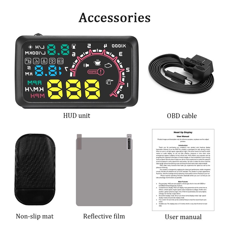 Multi-función de 5,5 pulgadas Hud Head Up Display velocidad combustible advertencia parabrisas Sistema de proyector con Obd2