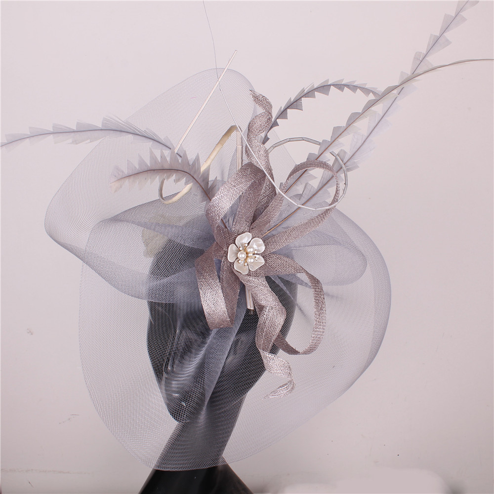 Women Sinamay Fascinators Hair Clip Wedding With Feather Nice Gold Hair Accessories Women Party Hat Wedding Headwear Hair Pins: GRAY