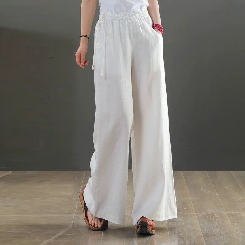 Pantaloni larghi in vita elastica in lino pantaloni Casual da donna in tinta unita allentati letterari 2022 pantaloni estivi Kung Fu di nuovo stile