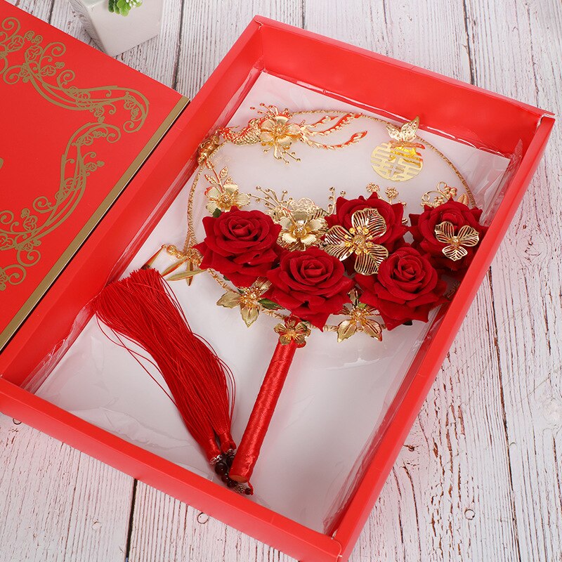 32x22cm Handheld Round Fan Materials Kit Handmade Ancient Chinese Wedding Bride Photography Ornaments Flowers