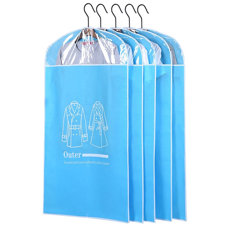 5Pcs/Set Closet Hanging Clothes Dust Cover Waterproof Garment Bag Wardrobe Suit Coat Dress Organizer: Blue    L