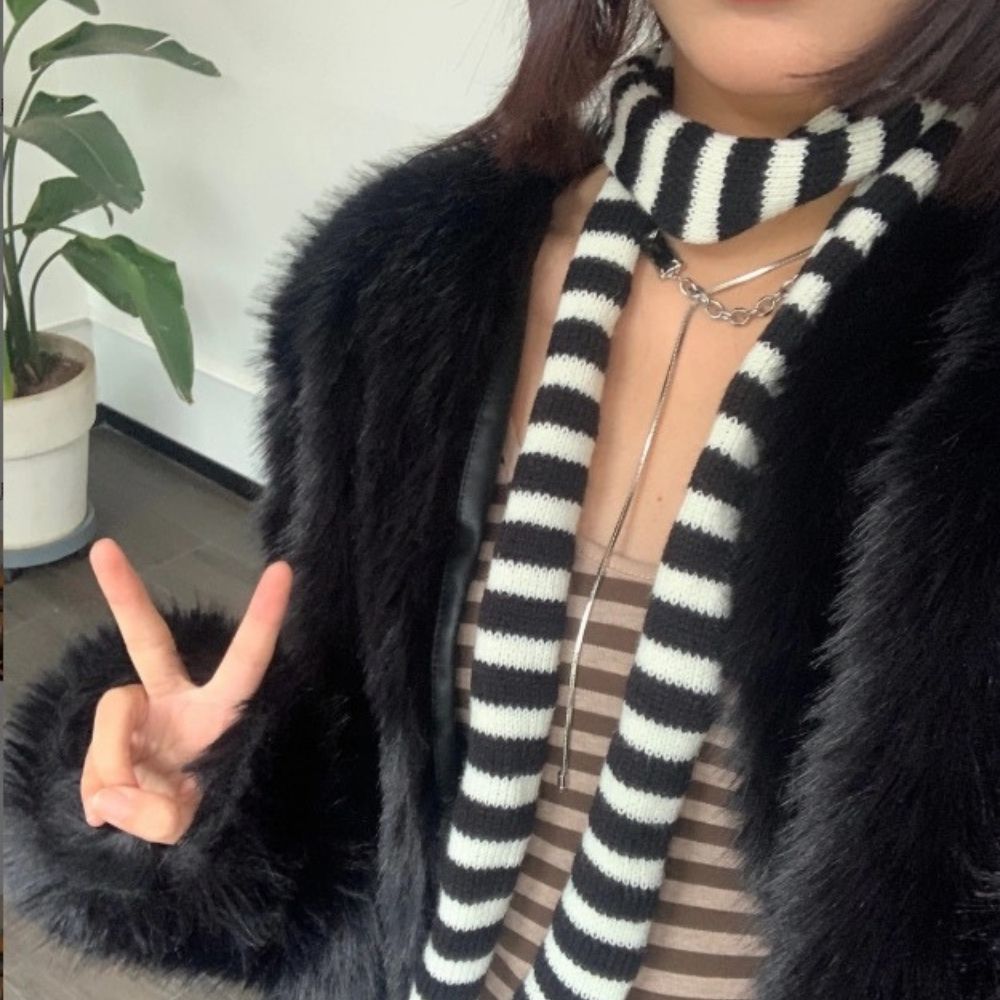 Bufanda a rayas blancas y negras Y2K, bufandas tejidas ajustadas y estrechas Harajuku para mujer, decoración, calentador de cuello grueso, bufanda larga con lazo