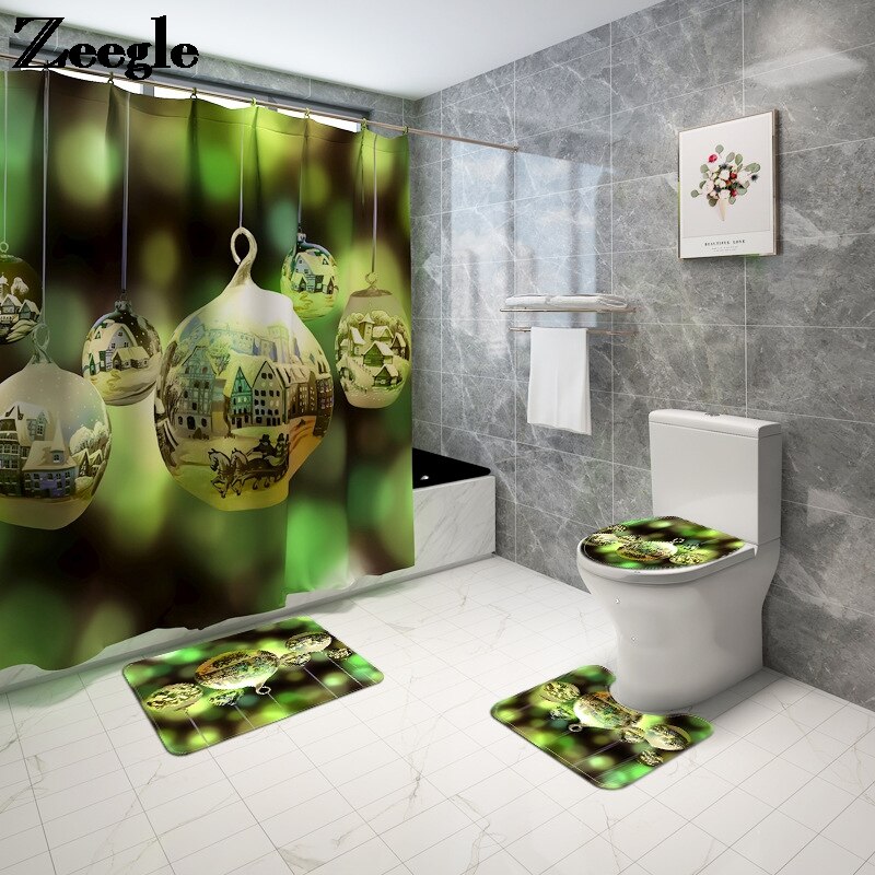 Kerst Badmat En Douchegordijn Set Gedrukt Badkamer Mat Set Anti Slip Badkamer Voet Mat Absorberende Badkamer Tapijt