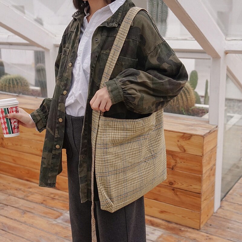 Kvinner tykk ull lerret skulderveske kvinnelig årgang preppy rutete glidelås crossbody vesker jenters butikk kapasitet justerbare vesker