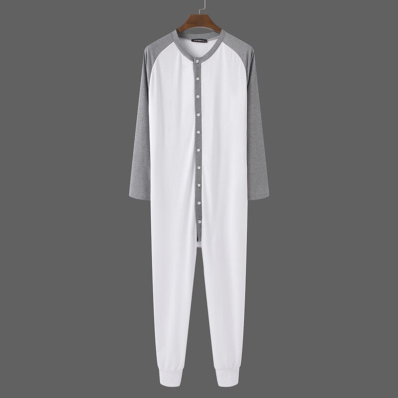 Man Long Sleeve O Neck Nightgown INCERUN Men Sleepwear Jumpsuits Leisure Patchwork Onesies Fitness Button Up Romper Homewear 5XL: White / XXL