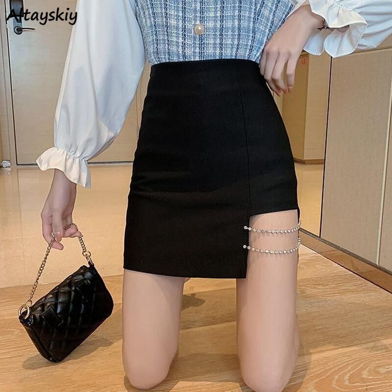 Mini Skirts Women Side-slit Crystal-chain Korean Style Slim Trendy Patchwork Female Bottom Summer Popular Chic Ulzzang