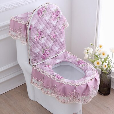 3PCS/SET Lace Fabric Bathroom Toilet Seat Cover With Zipper Thick Seat Cushion Ferrule Washable Comfortable Closes tool Protecto: 3
