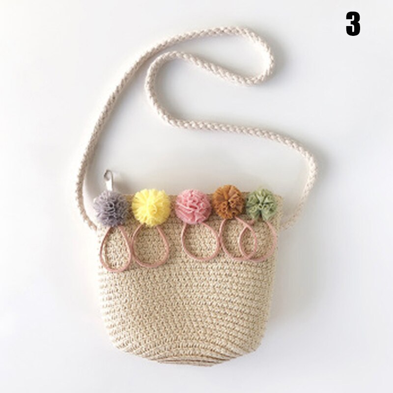 Bolsos tejidos de paja de los niños de bolso de la muchacha de la flor hermosa bolso de playa del verano bolso de hombro tipo bandolera lindo: 3