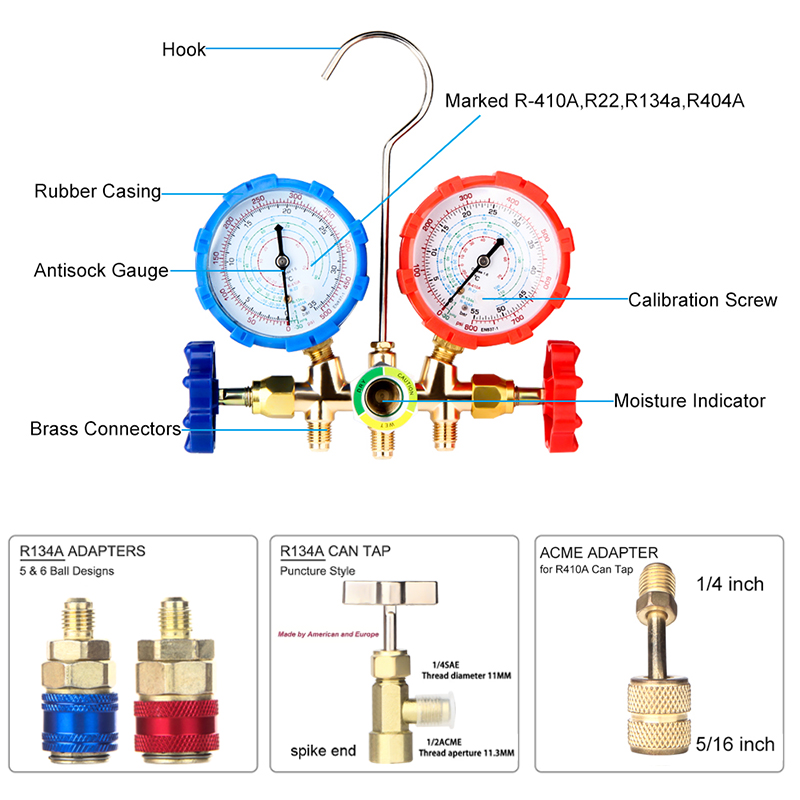 Air Conditioning Pressure Gauge with Hose and Hook 3 Way AC Diagnostic Manifold Gauge Set for Freon For R12 R22 R404A R134a