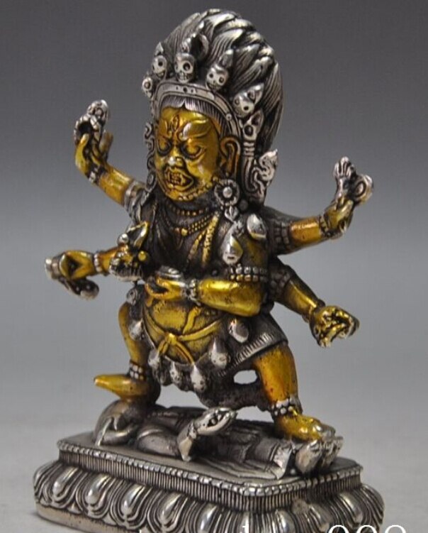 [Oude ambachtelijke] Tibet boeddhisme zilveren 6 Armen Vajra mahakala Dorje Vajrapani god boeddhabeeld 14 cm