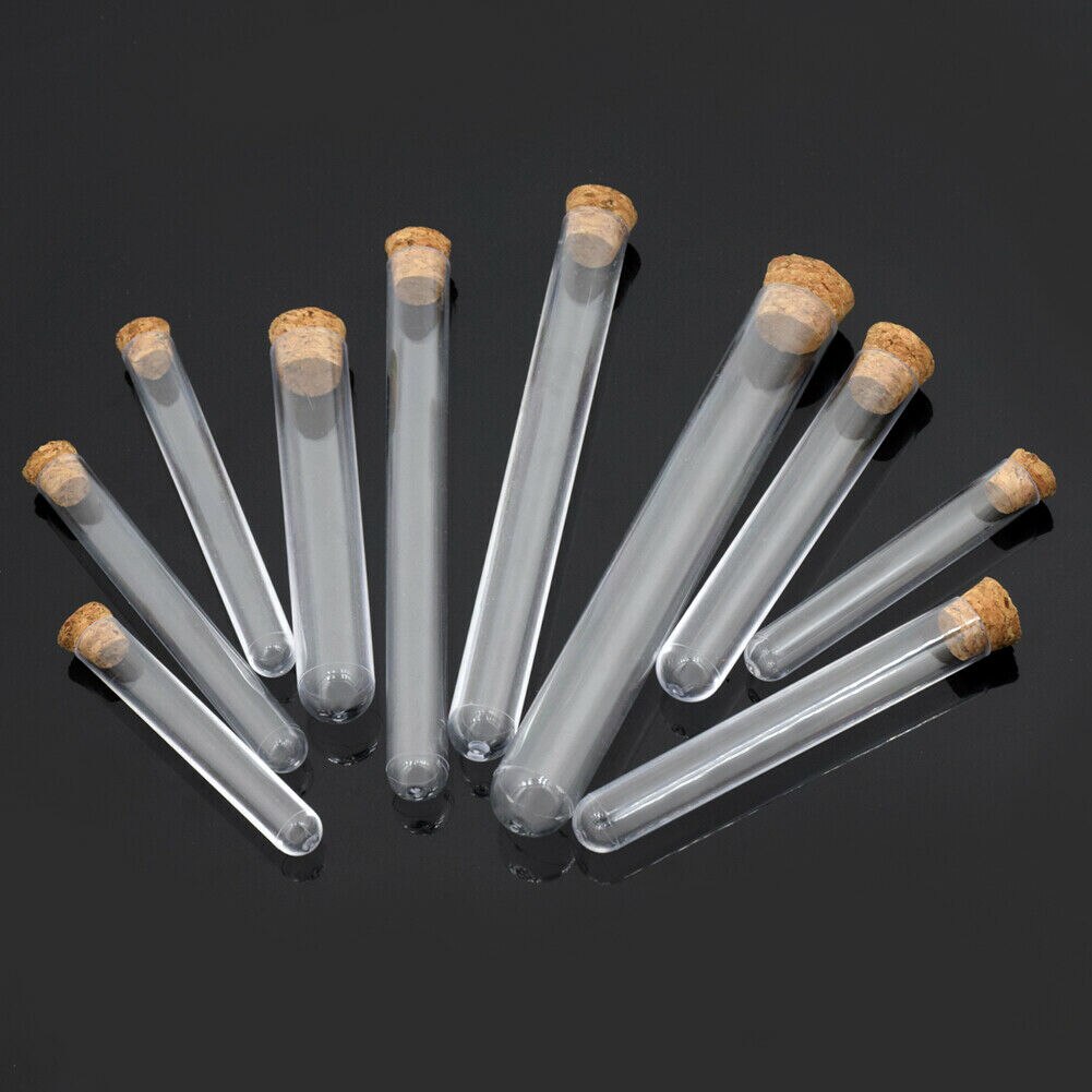 100 Uds 15 ml/20 ml tubo de ensayo de plástico con frasco con tapón de corcho botellas de muestra objetos caseros frascos para almacenar alimentos envase de caramelos