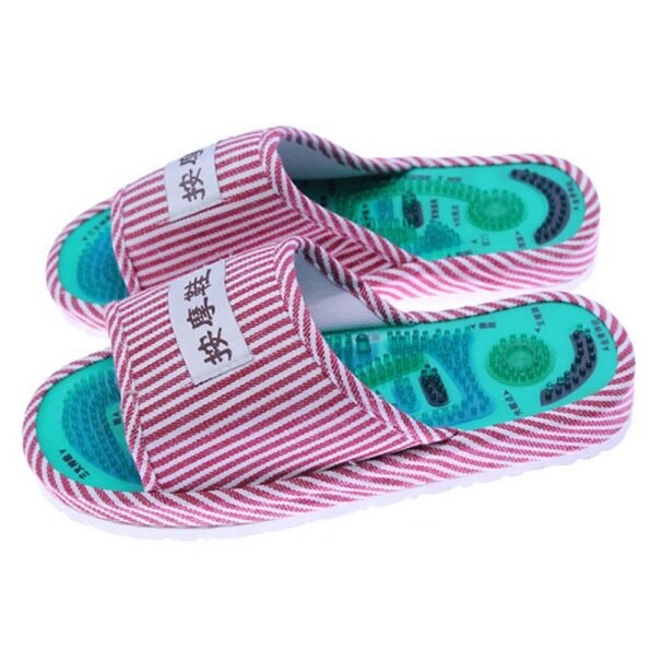 Gezonde strepenpatroon reflexologie voet acupunctuur pantoffel massage bevordert de bloedsomloop ontspanning voet goede verzorging schoenen 25cm: Rood