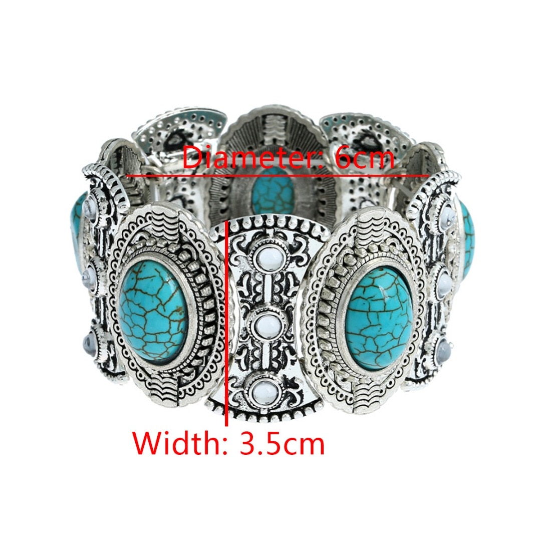 Etnische Stijl Boho Antieke Bangle Armband Voor Vrouwen Blauw Natuursteen Brede Band Manchet Armband Vintage Tibetaanse Sieraden