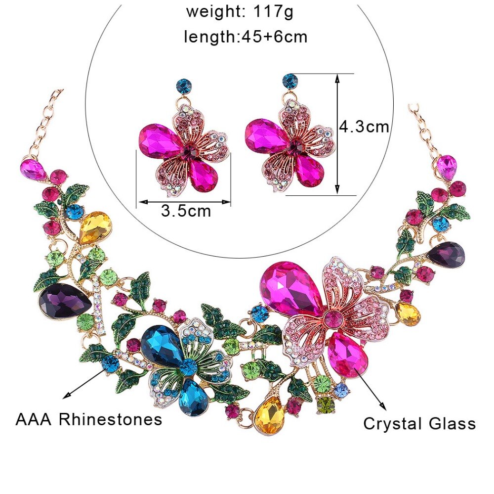 Bijoux de mariage de cristal strass fleur collier boucles d'oreilles ensemble pour les femmes ensembles de mariée bijoux de fête de luxe demoiselle d'honneur