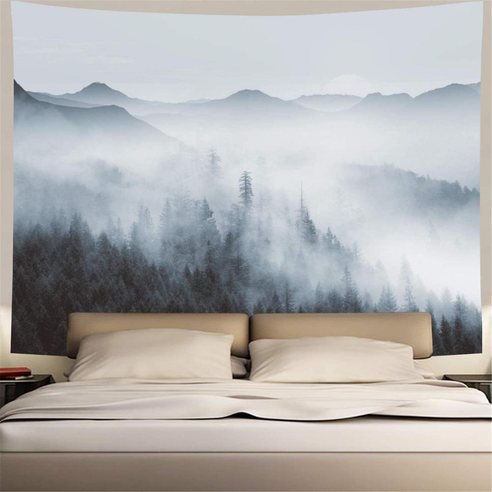 Misty Forest Tapestry Forest Trees with Mountain Tapestry Fantastic Fog Magical 3D Nature Landscape Tapestry for Bedroom