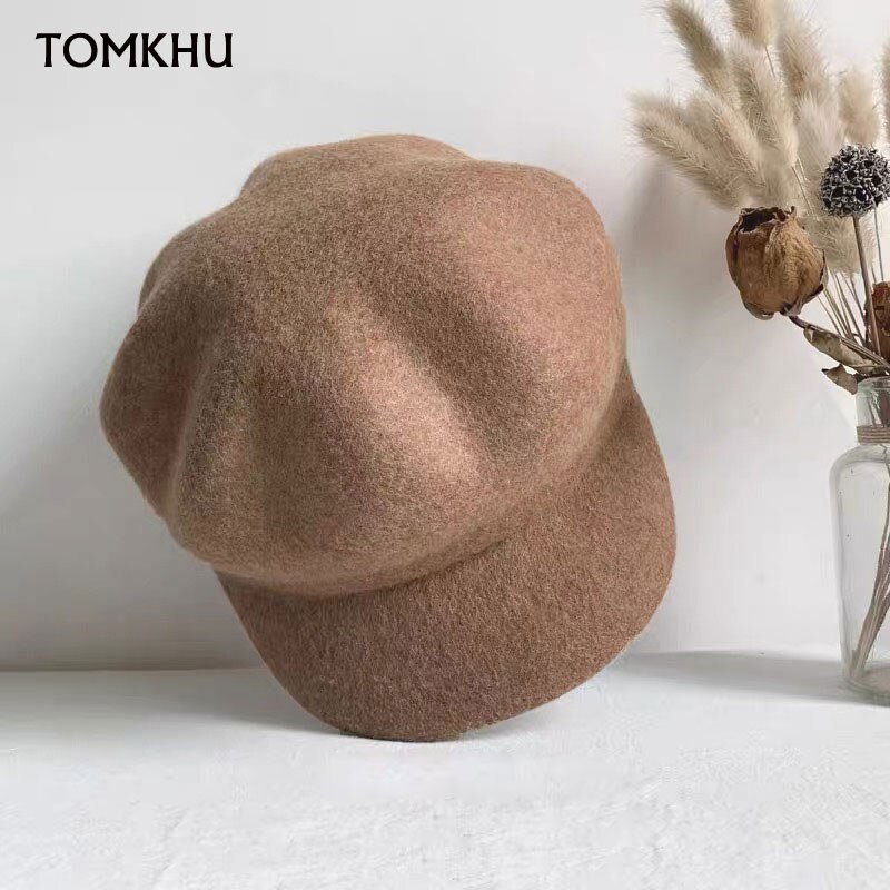 Tomkhu 100%  ullfilt vinter hestelue fast varmere kvinner beanies lokk klassisk fransk stil beret femme beanies damer lokk