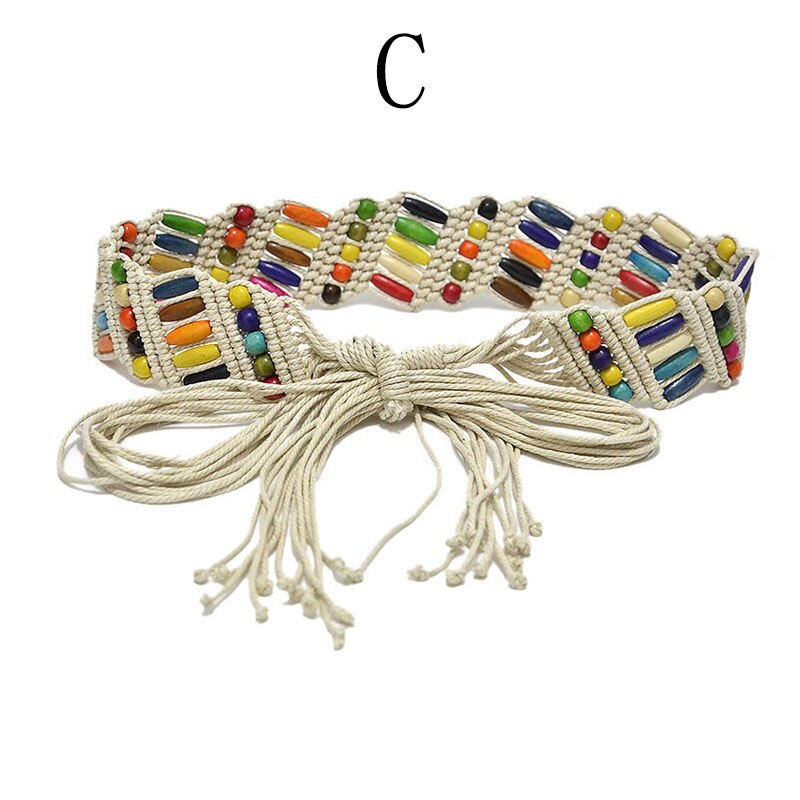 Correa de cera de viento étnica para mujer, cinturón tejido hecho a mano, cadena de cintura Bohemia, accesorios de vestido, cinturón de falda: C