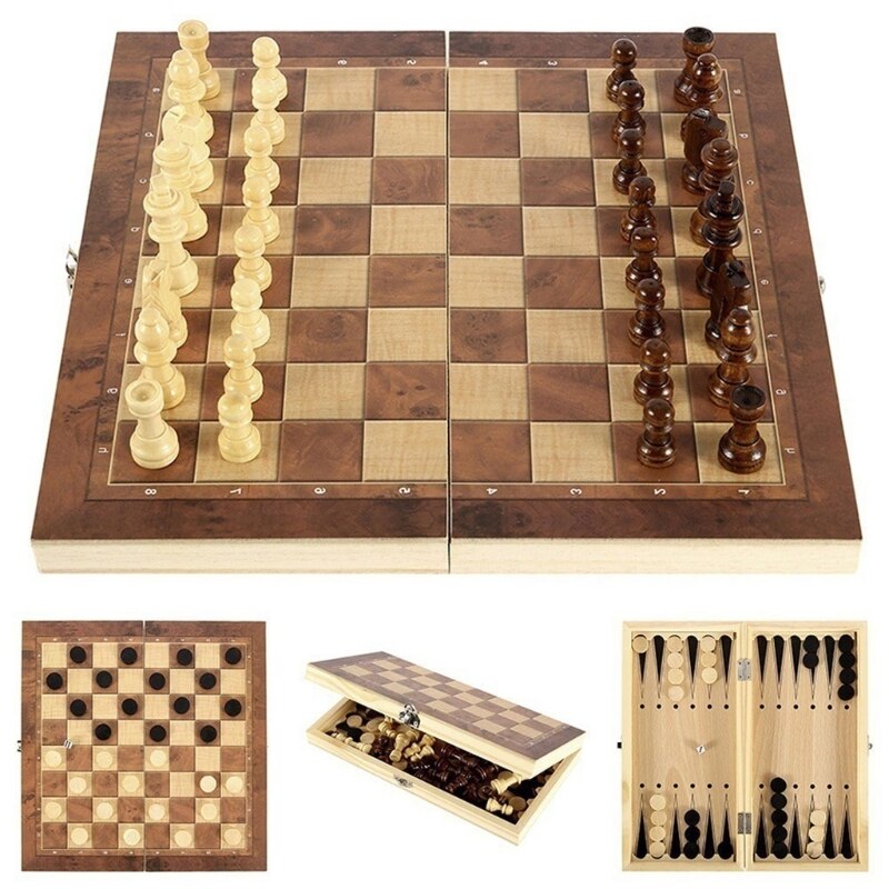 3 IN 1 Wooden International Chess Set Board games Checkers Puzzle Game Engaged