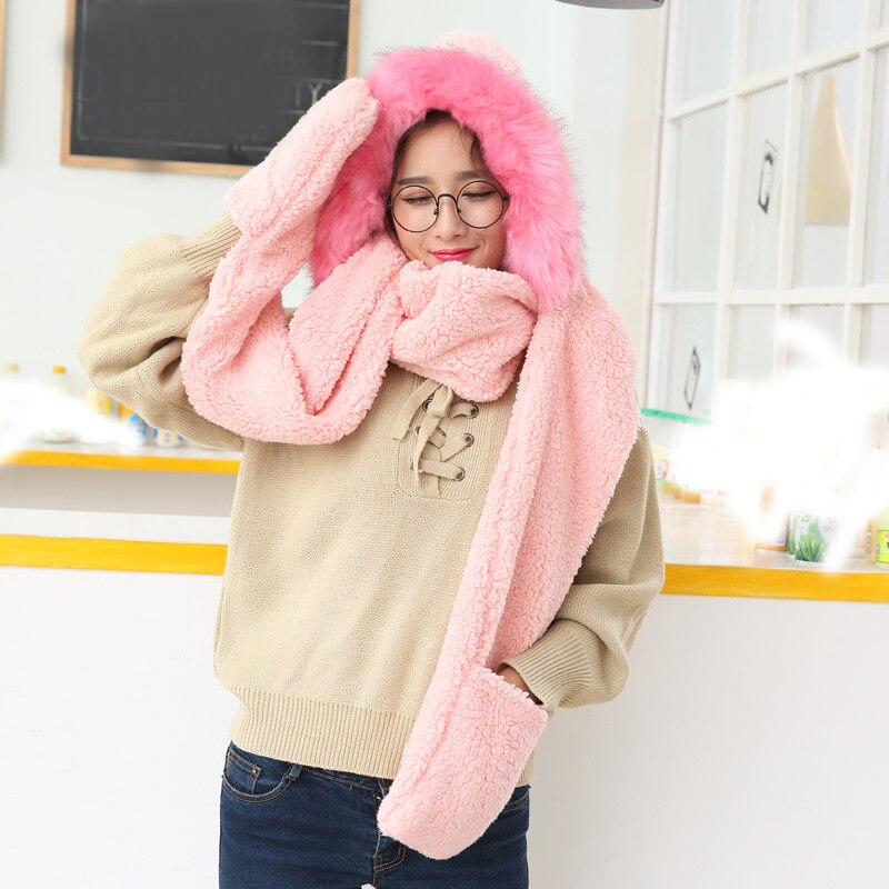 3 In 1 Women Winter Warm Soft Hood Scarf Snood Pocket Hats Gloves Hooded Srarves Scarf Hat Glove 3 Piece Sets