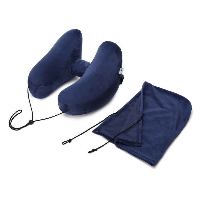 U-Shape Airplane sleeping Cushion Pillow Comfortable Air Cushion Business Trip Headrest Pillows Office Naps Neck Support Pillow: Dark Blue With Cap