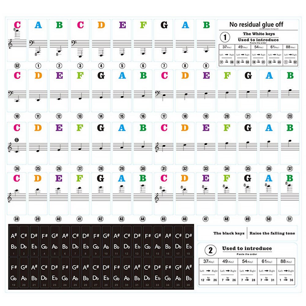 Label note 54/61 nøgler klaver keyboard flytbare biginners musik mærkat stave pvc klaver keyboard klistermærke  #137: Farverig