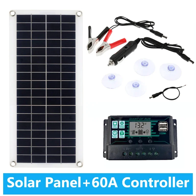 1000W Solar Panel 12V Solar Cell 10A-150A Controller Solar Panel for Phone RV Car MP3 PAD Charger Outdoor Battery Supply: black