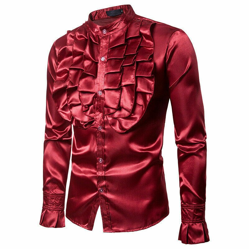 Stilfuld luksus silke skjorte herre satin glat solid smoking skjorte slim fit skinnende guld bryllup tøj skjorter: Rød / Xxl