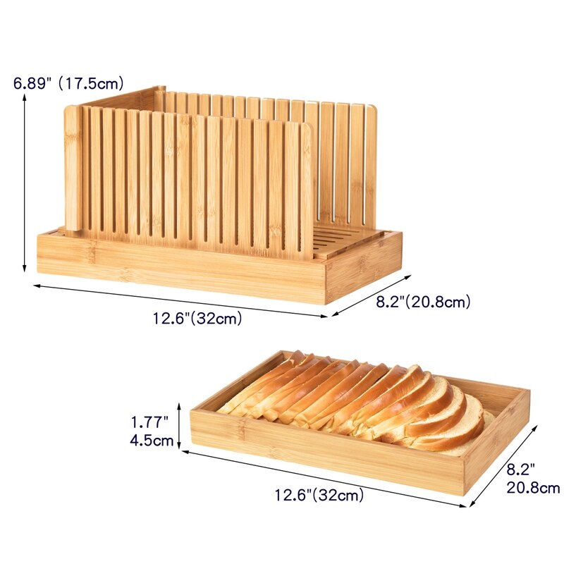 Bamboo Bread Slicer for Homemade Bread Cutting Board with Crumble Holder Tray Adjustable Compact Foldable Loaf Slicer