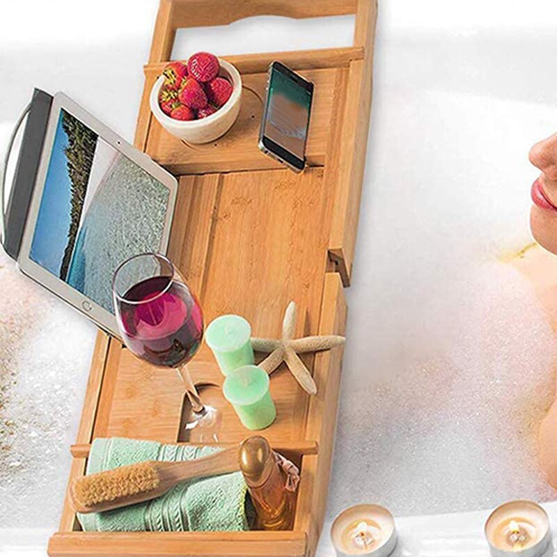 Bambus badekar bakke justerbar tilbagetrækkelig badeværelse badekar arrangør med bog tablet vinglas kop håndklædeholder