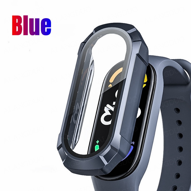 Funda de PC + Protector de pantalla de vidrio templado para Xiaomi Mi Band 8, 7, 6, 5, 4, mi band 8, parachoques protector, accesorios de cubierta antiarañazos: XXXL / Polvo azul
