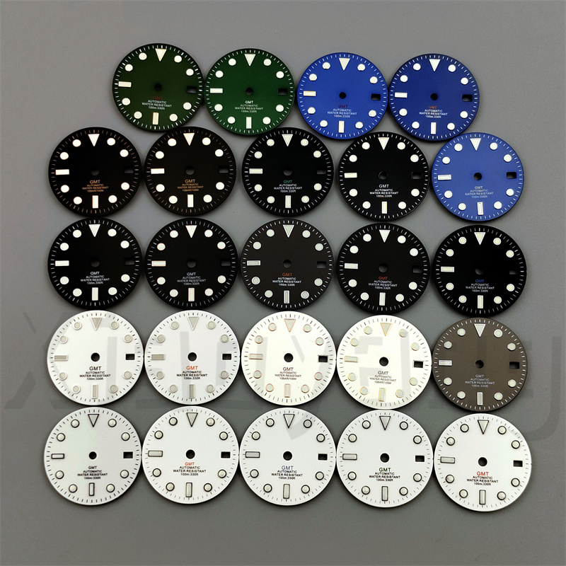 29mm Glossy Watch Dial Black White blue Dial Green Blue Red Orange GMT Text Black Gold Rose Edge Fit NH34 Movement C3 Luminous
