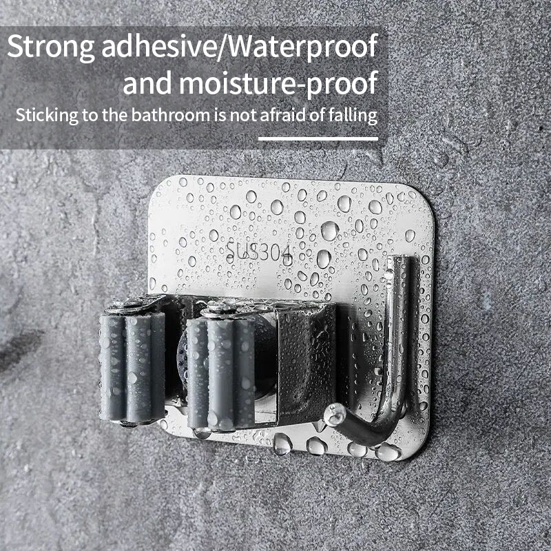 Multi-Purpose Hooks Adhesive Wall Hanging Mop Rack Bathroom Mop Organizer Holder Waterproof Broom Hanger Organizer Accessories