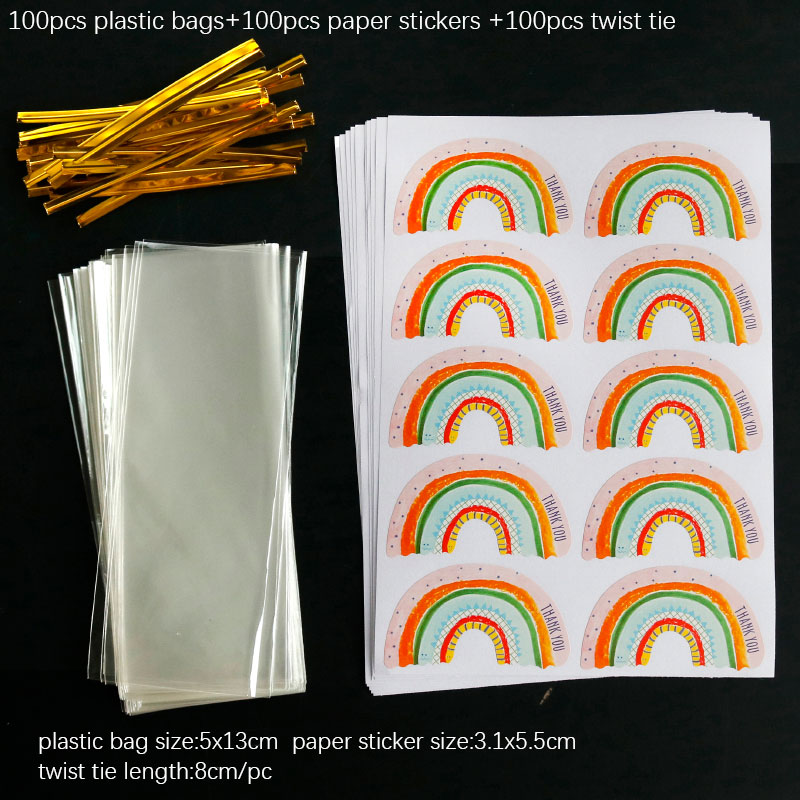 50Sets 100Sets Transparant Clear Plastic Zak Snoep Cookie Brood Toast Cellofaan Zak Met Afdichting Twistties Regenboog Sticker: 5x13cm 100sets