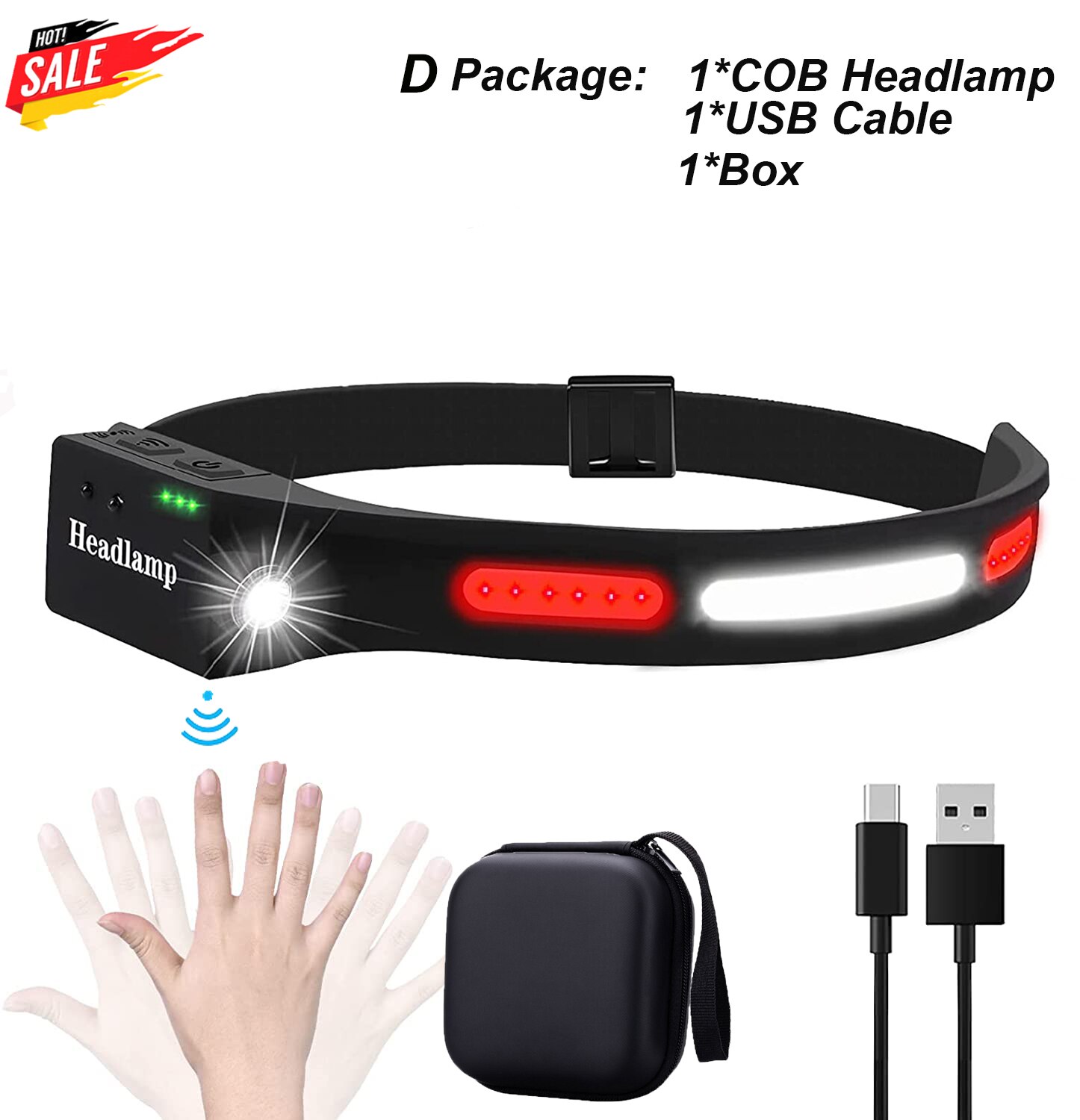 COB LED Headlamp USB Rechargeable Headlamp with Red light for Car 5 Models: D Type / UK
