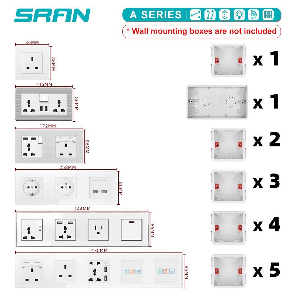 SRAN Wall 16A EU Standard Multi Way power socket with usb outlet strip 146mm*86mm stainless steel panel