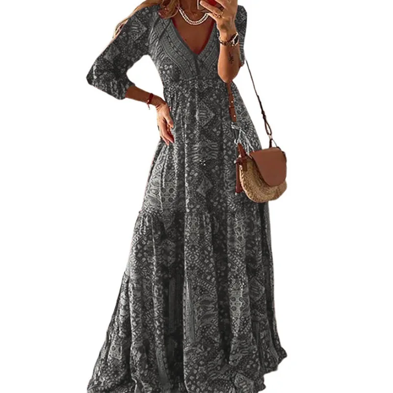 Robe longue à manches 3/4 pour femme, style bohème européen et américain, taille haute, col en V, imprimé fleuri fragmenté,