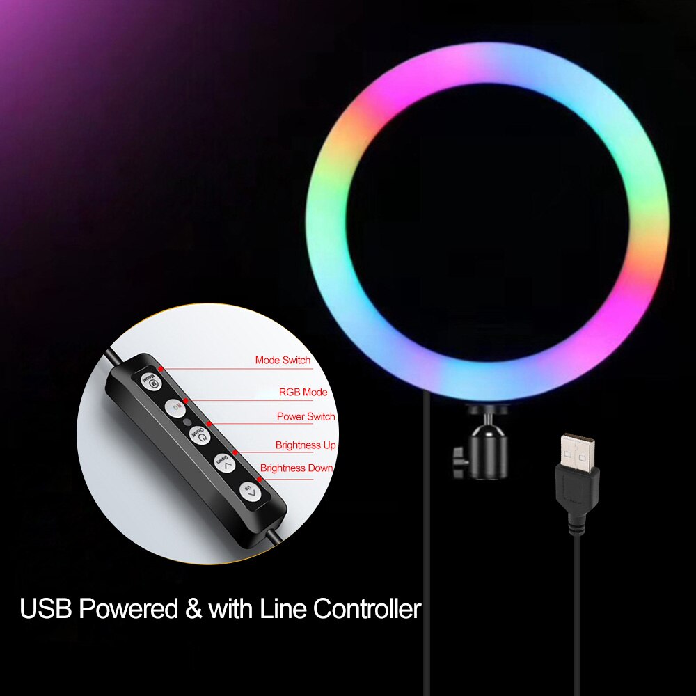 10 Inch RGB Ring Light Photography Lamp Beauty Light 3000K-6500K Dimmable Colorful Light USB Powered with Phone Holder for Vlog