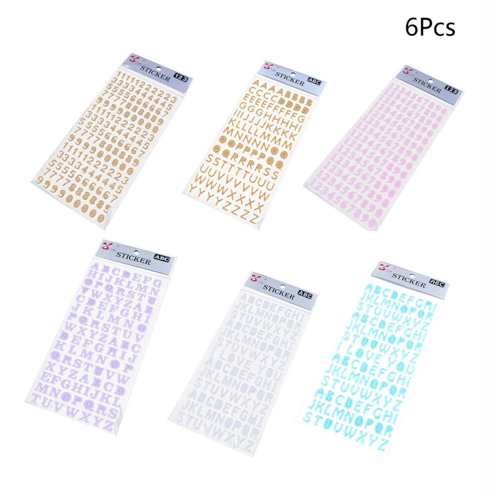 6 Sheets Colorful Letter Glitter Stickers Numbers Alphabet Stickers DIY Stock Stickers (Random Pattern)