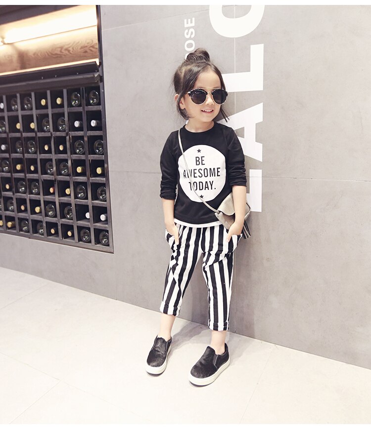 Randiga tjejer fritidsbyxor vårtjejer casual kid vit svart randig byxa byxor för tjejer barn bomullsjeans