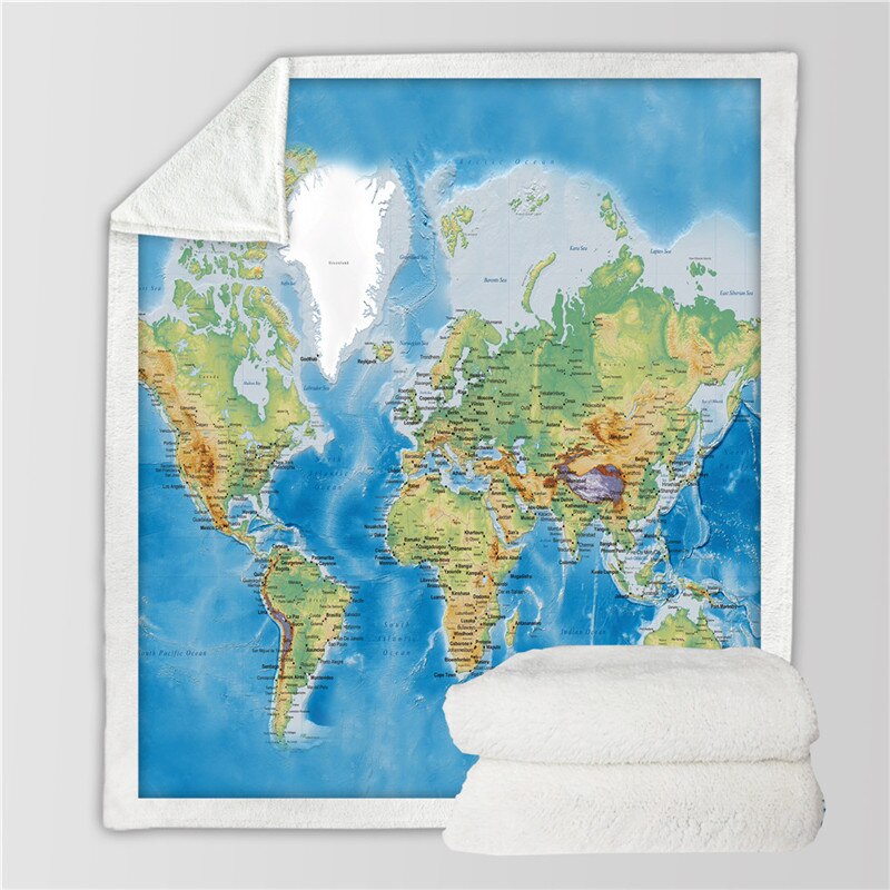 Sengetøjoutlet verdenskort sherpa-tæppe levende trykt blåt fleecetæppe til senge super blødt hyggeligt plys sengetæpper 130 x 150: Kort 1 / 75 cm x 100cm