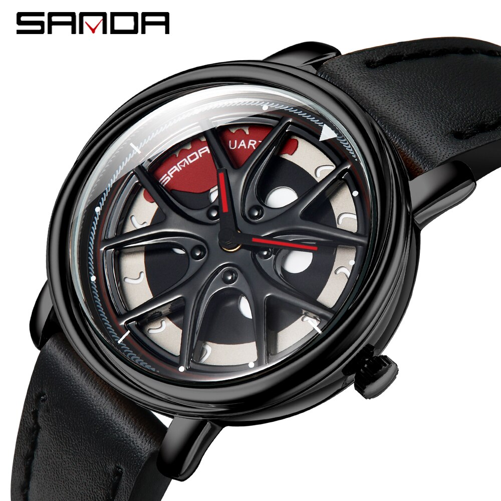 Auto velg quartz horloge man creativiteit auto polshorloge stalen magneetsluiting wiel velg naaf horloges relogio masculino: Leer zwart