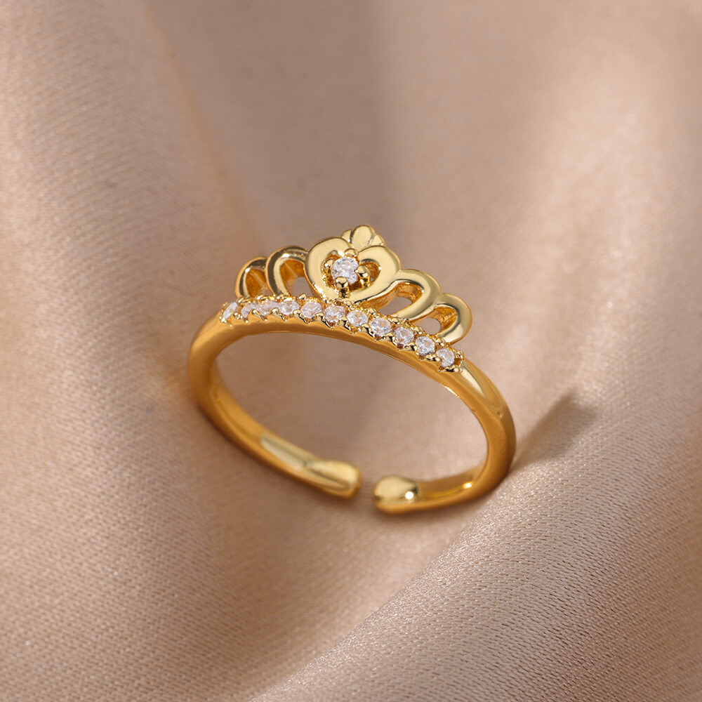 Anillos de corona de circón para mujer, anillo abierto de corona de Color dorado de acero inoxidable Vintage, joyería estética de boda, , bisutería para mujer: Verde