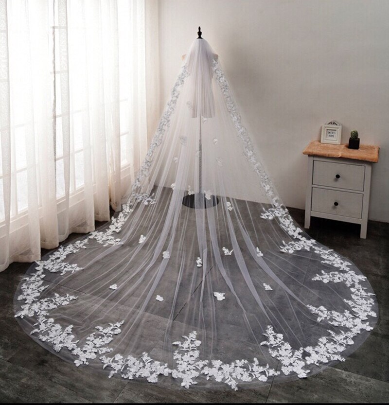 Hochzeit Schleier Lange Volle Spitze Rand Blumen- Luxuriöse Applikationen Kathedrale Braut Schleier Mit Kamm 3/4/5Meter velo de novia Weiß/Elfenbein