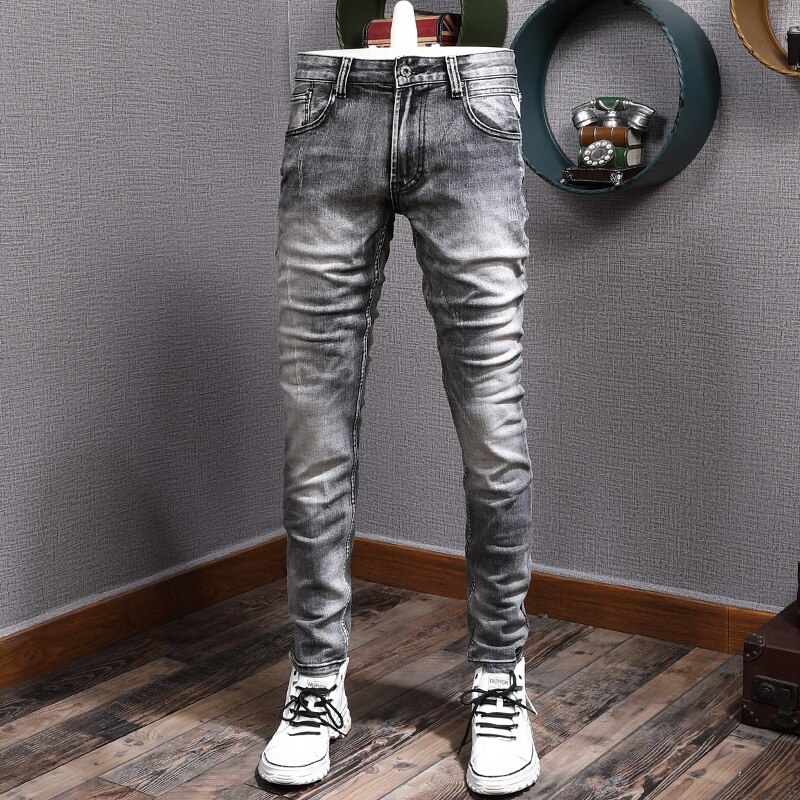 Pantalones vaqueros Vintage para hombre, Jeans rasgados ajustados elásticos Retro grises, desgastados de informal, europea: 30(Chinese Size)
