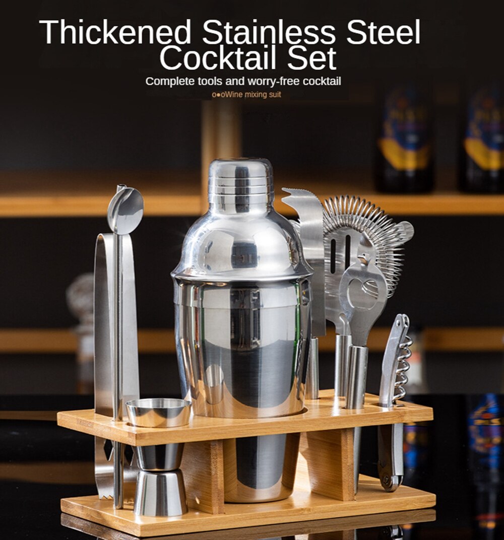 Stainless Steel Bar Cocktail Shaker Set Bartender Kit Barware Bar Sets Home Drink Party Accessories with Bamboo Stand 9 Piece