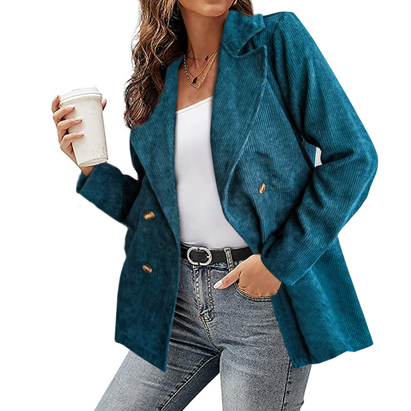 Office Lady Outwear for Women Long Sleeve Single Button Blazer Coats Solid Simple Corduroy Daily Clothes: L / Turquoise