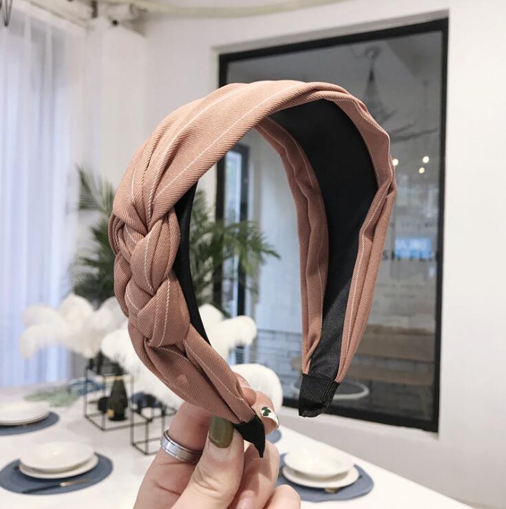 Fläta hårband kvinnor bred sida flerlagers kors knut pannband vuxen randigt klassiska huvudbonader turban håraccessoarer: Rosa hårband